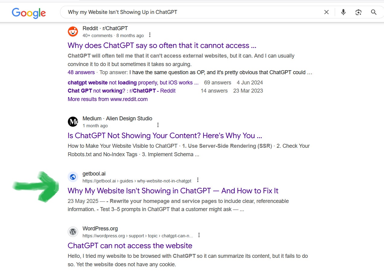 Google ranking for Why is my website not showing on ChatGPT